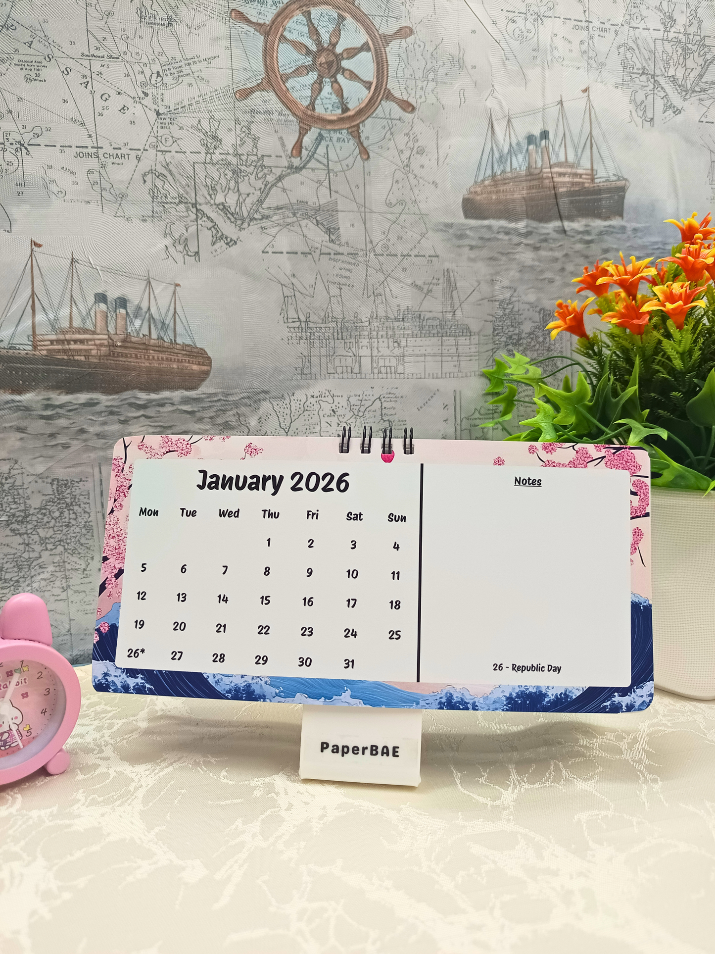 Sakura Waves - 2026 Desk Calendar with Space for Notes